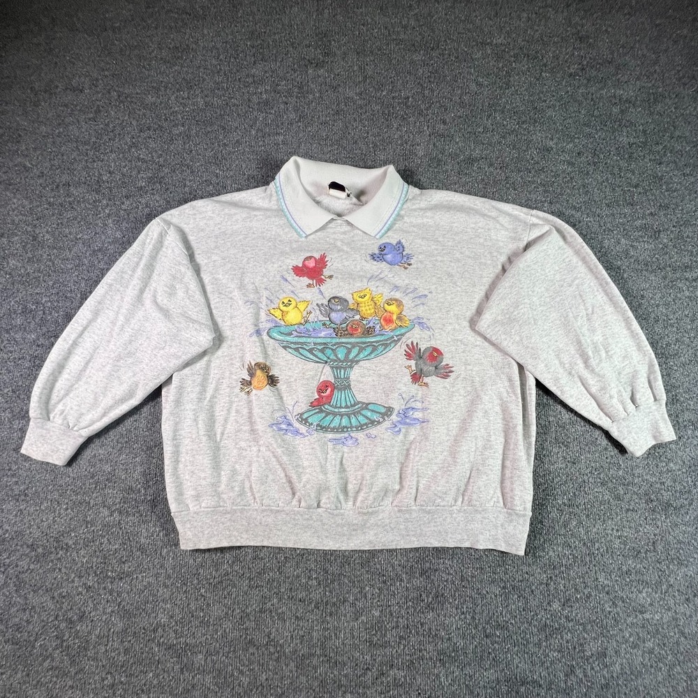 Vintage Separate Issue Sweatshirt Women 24W Gray Novelty Bird Oversized Pullover
